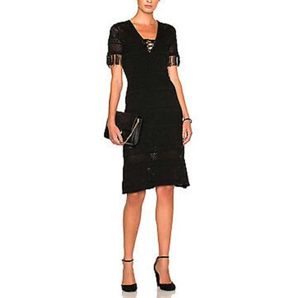SALE A.L.C. Trevi Black V-Neck Tie-Front Detail Crochet Fringed Midi Dress Large - Picture 2 of 15